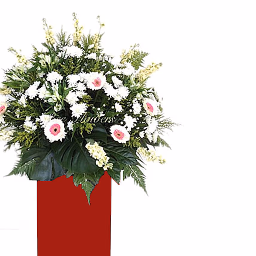 Lovely Mixed Flowers Red Stand Arrangement