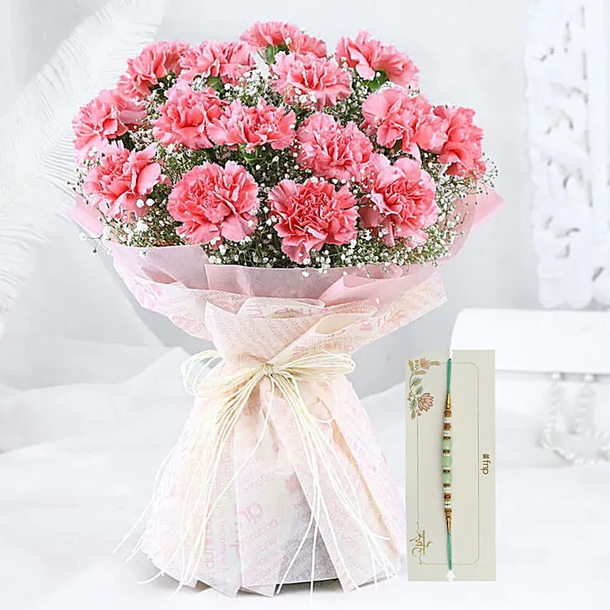 Pink Carnation Elegance Bouquet with Green Pearl Rakhi