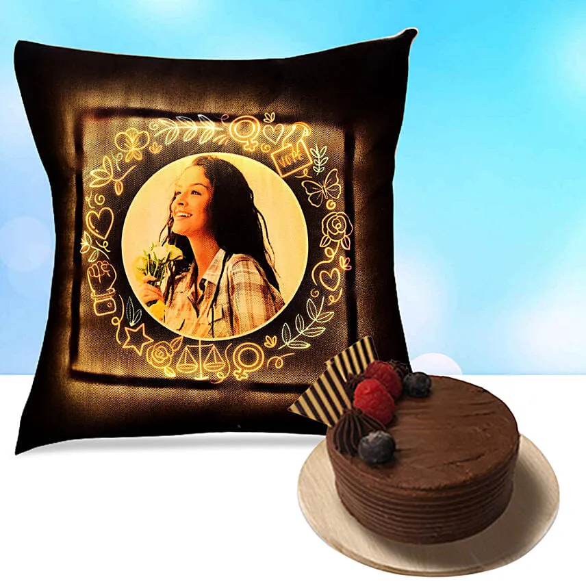 Personalised Yellow Led Cushion With Chocolate Cake