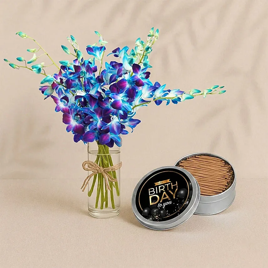 Blue Orchids Bouquet With Tin Cake