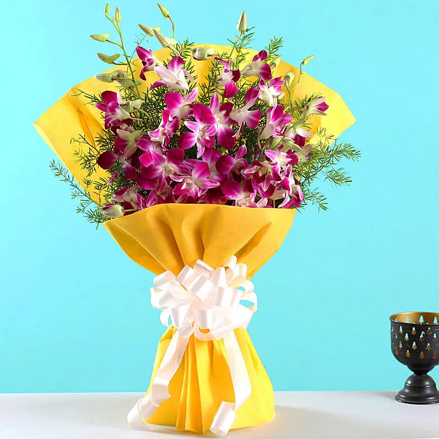 Ten Exotic Purple Orchids Bouquet With Balloons