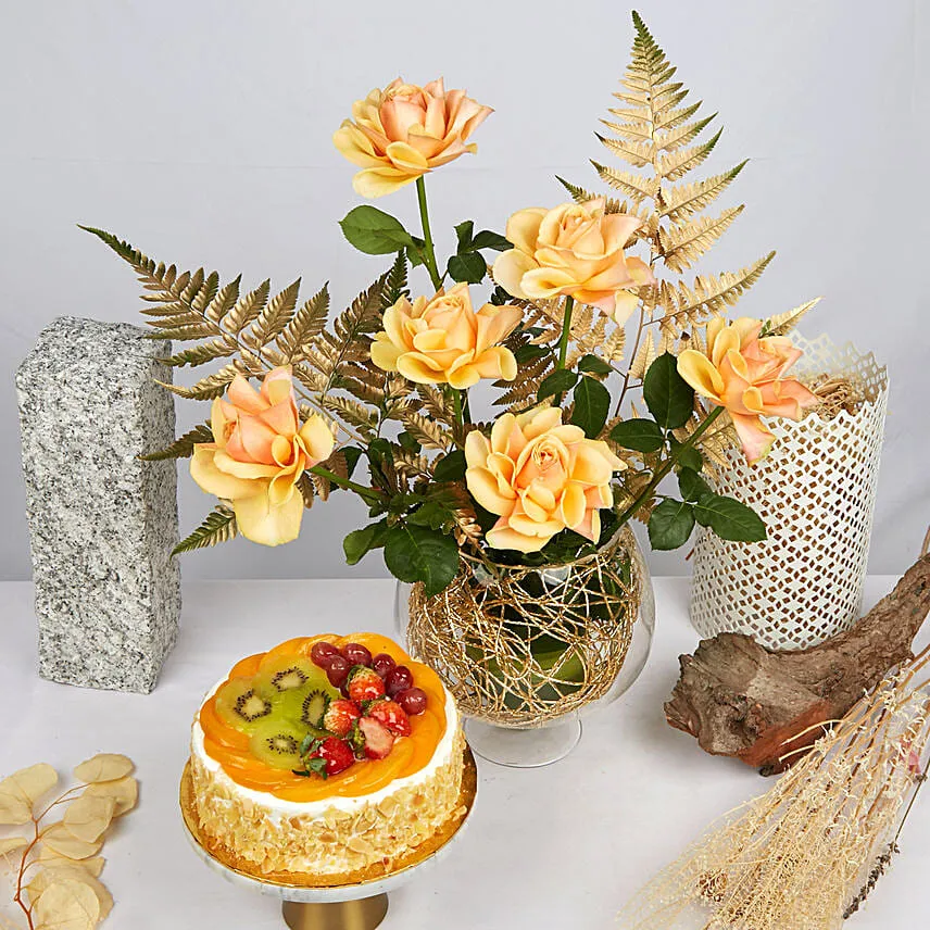 Peach Roses N Fruit Cake Combo
