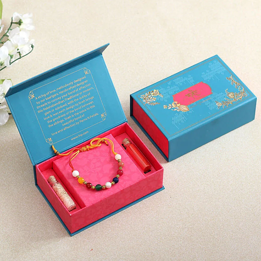 Beautiful Navrattan Rakhi N Almonds Combo