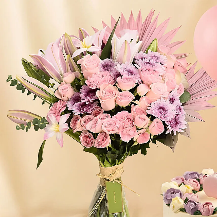 Pink Flowers Bouquet Cake & Balloons