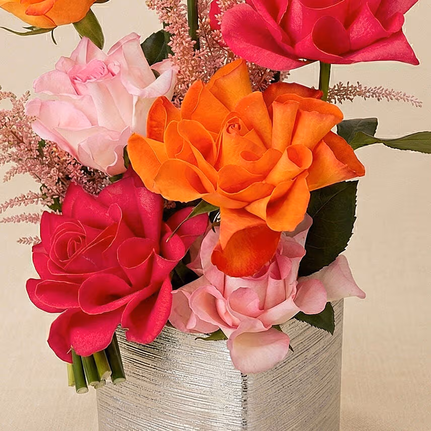 Vibrant Sunset Rose & Silver Ceramic Vase