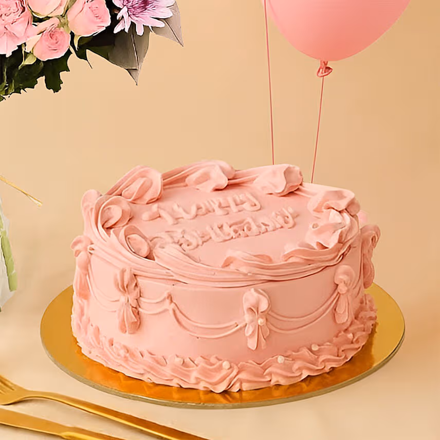 Blushes - Pink Flowers Bouquet Balloons n 6 inches Cake