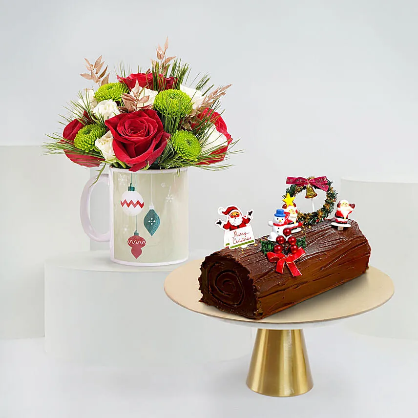 Seasons Greetings Flower Mug with Log Cake