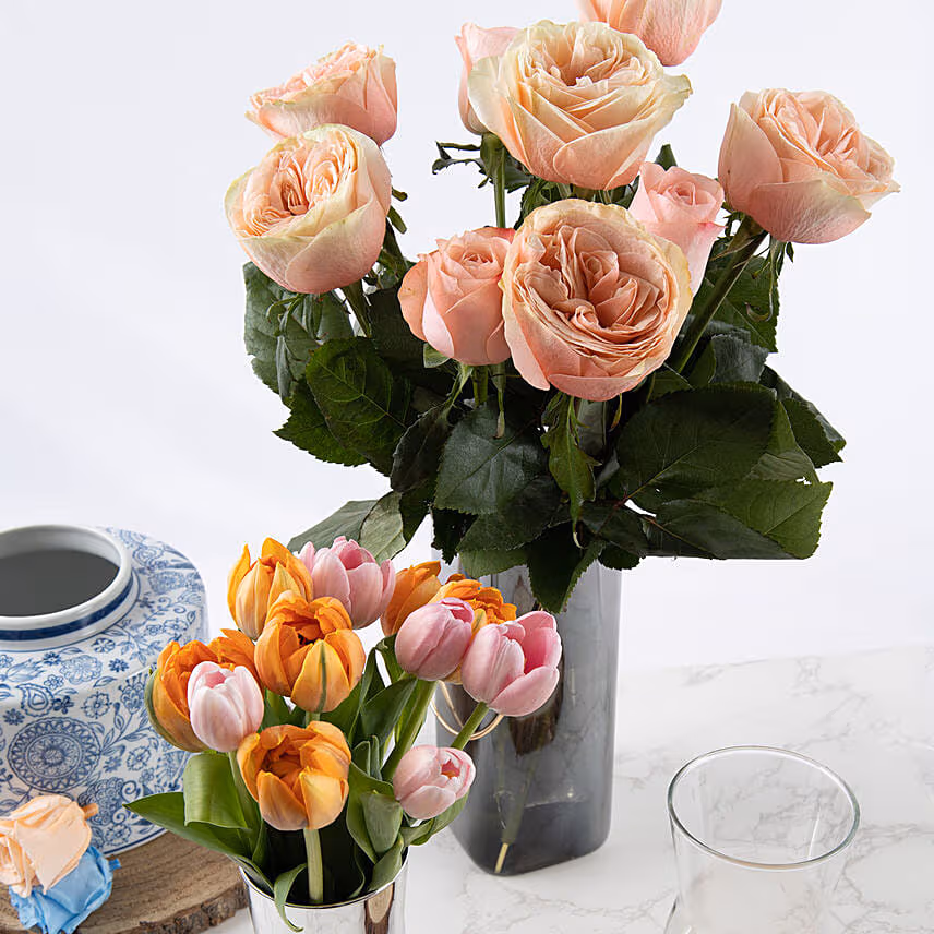 Timeless Garden Roses with Tulips