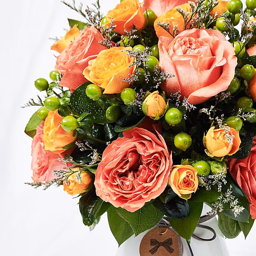 Exotic Flowers Ceramic Vase Arrangement With Cake