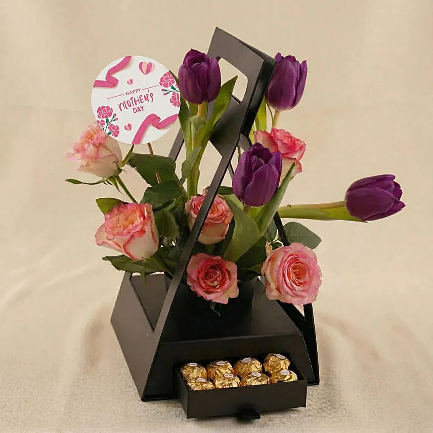 Premium Purple Tulips & Rose Hut Box with Chocolates for Mom