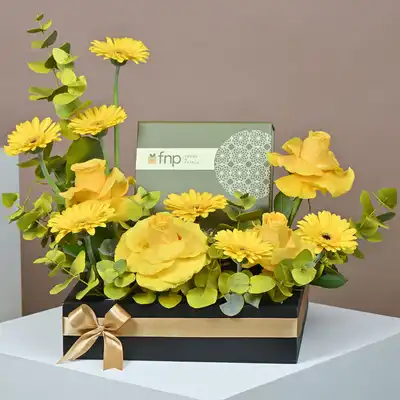 Elegant Yellow Floral Arrangement with Gourmet Chocolates