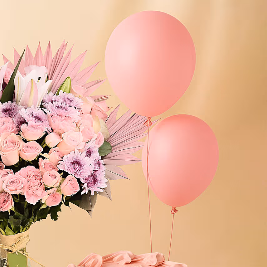 Blushes - Pink Flowers Bouquet Balloons n 6 inches Cake