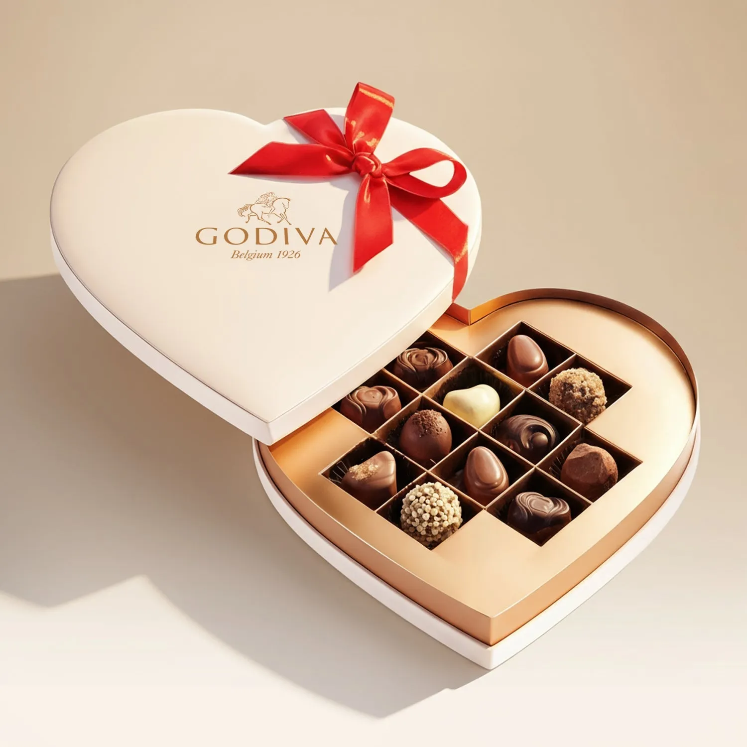 Luxurious Godiva Beige Velvet Heart Gift Box with 12 Exquisite Chocolates and Elegant Red Rose Bouquet