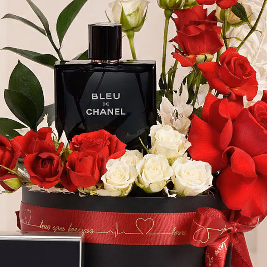 Valentine Gift for Him - Perfume and Roses Box