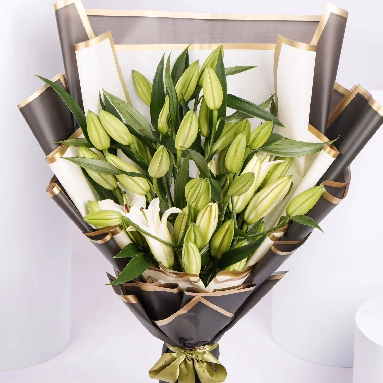 Elegant White Lily Bouquet with Black and White Wrap