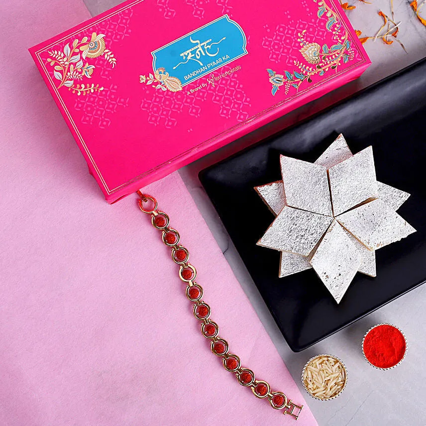 Rudraksha Bracelet Rakhi N Kaju Katli Combo