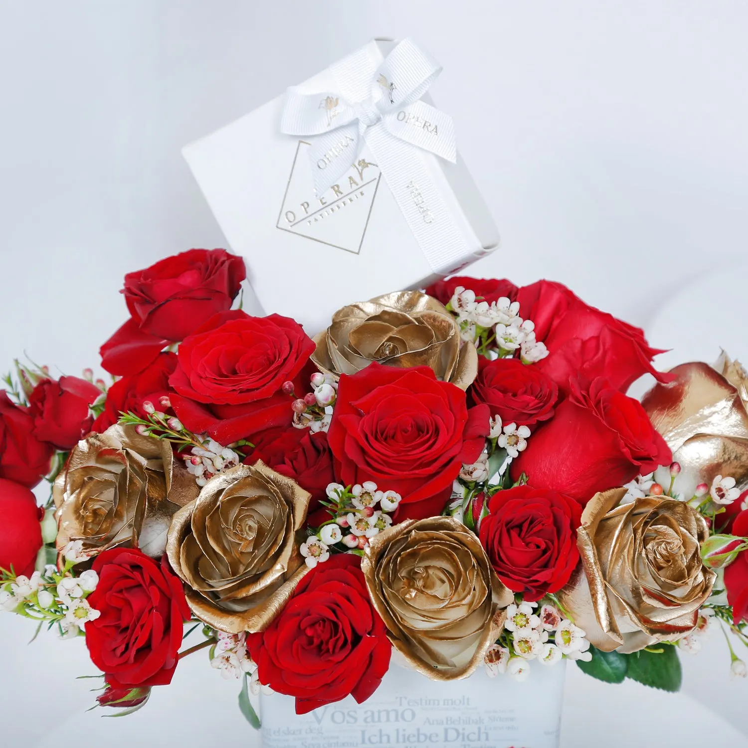 Love's Sweet Embrace Vase with Gold & Red Roses and Chocolates by Opera Patisserie