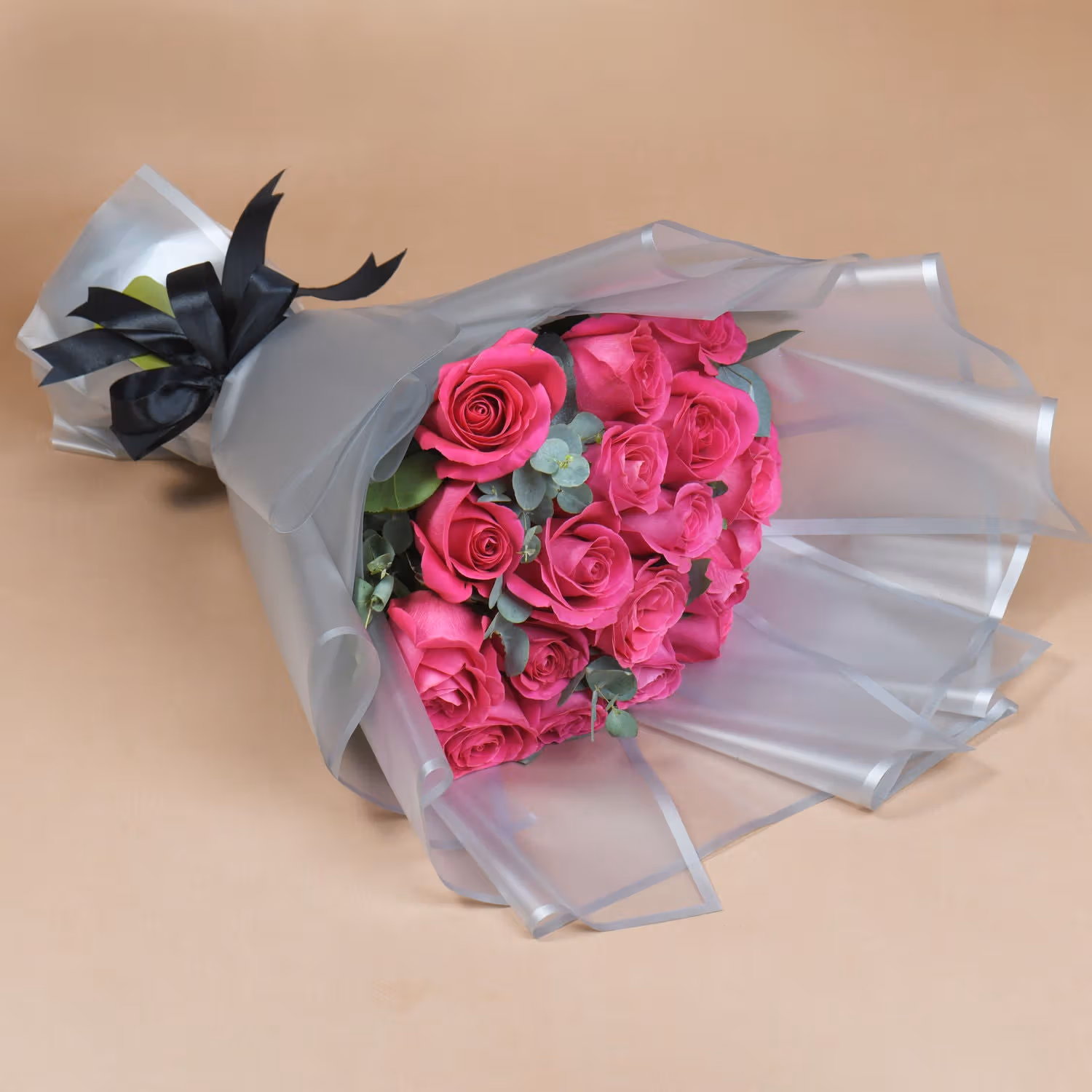 Elegant Bouquet of Rosy Hues: Dark Pink Roses with Eucalyptus