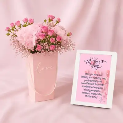 Elegant Pink Hydrangea & Rose Floral Arrangement with Heartfelt Mother's Day Frame