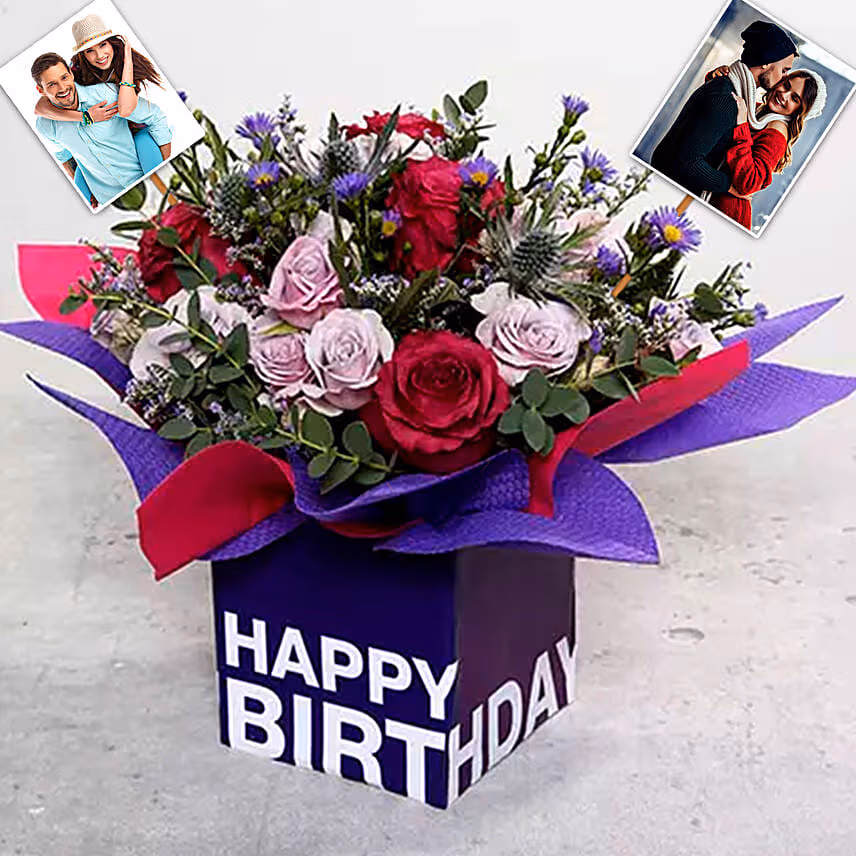 Personalised Mixed Flowers With Square Glass Vase