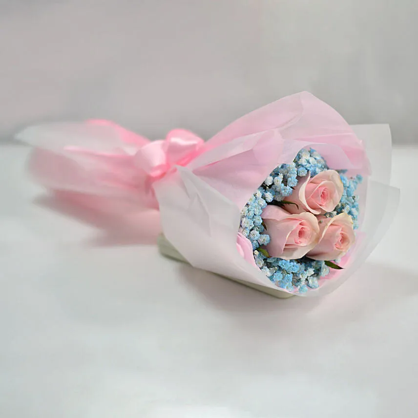 Lovely Pink Rose Baby Breath Bouquet With Balloons