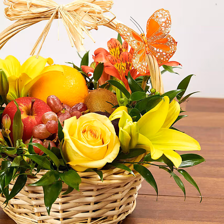 Fresh Flowers & Fruits Basket With Yellow Roses
