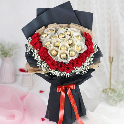 Luxurious Premium Rocher Bouquet with Red Roses and Ferrero Chocolates