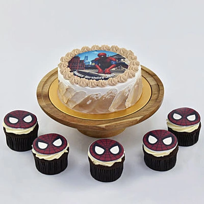 Delicious Spiderman Birthday Cake with Chocolate Cupcakes Set