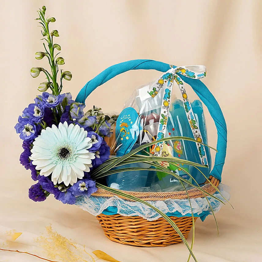 Lucky Baby Feed Essential Blue Basket with Flowers