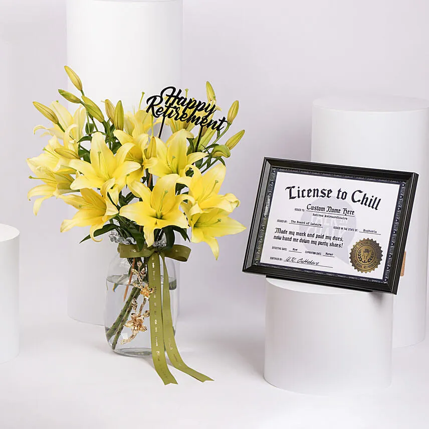 Happy Retirement Lilies in Premium Vase With Personalised Name Frame