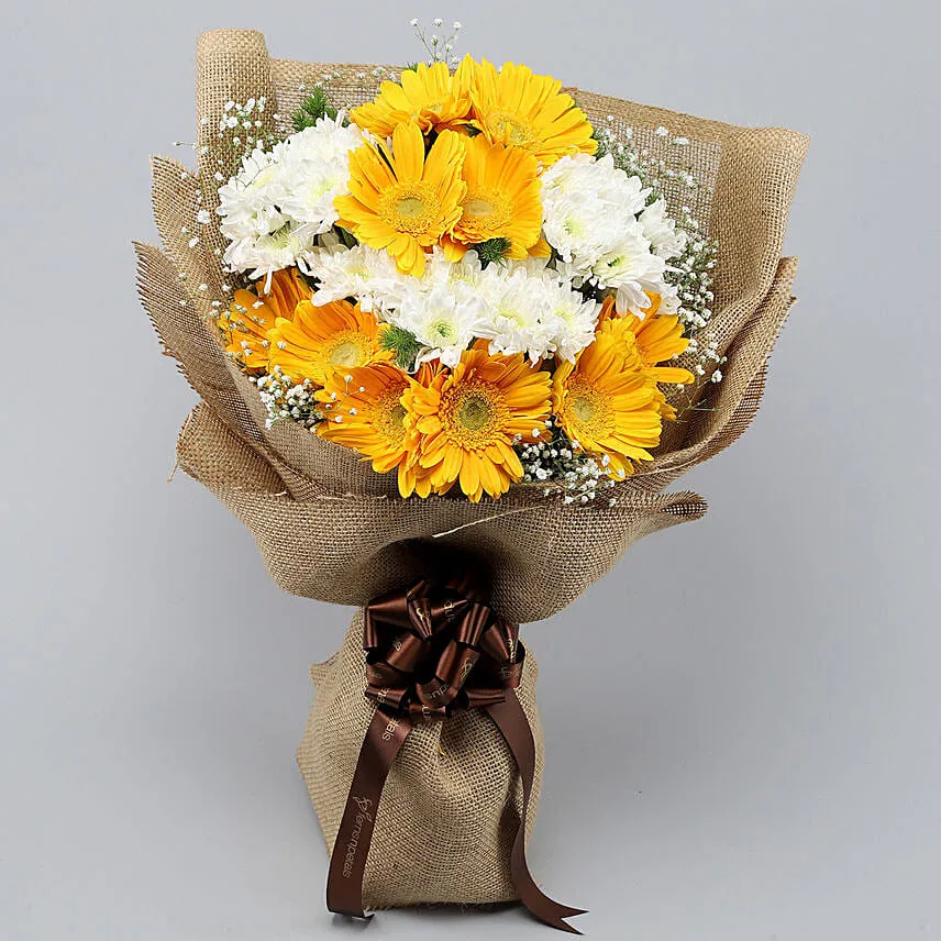 Lovely Yellow White Flowers Jute Bouquet With Chocolate
