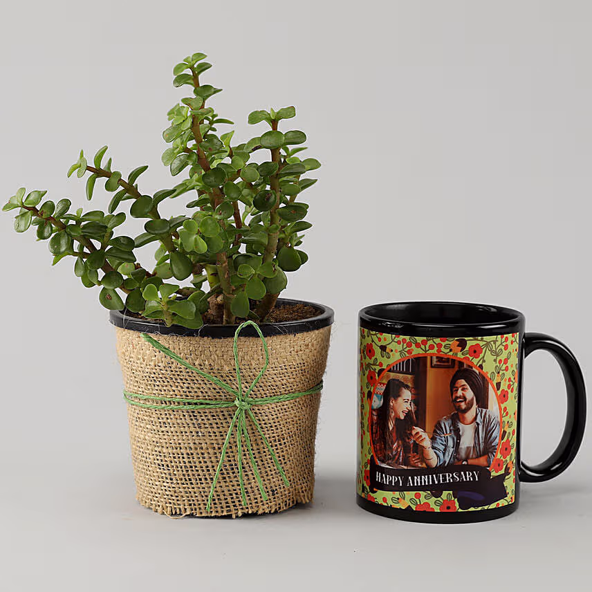 Jade Plant Personalised Black Mug With Chocolate Cake