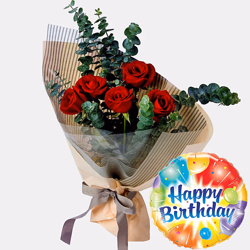 Red 5 Roses Love Bouquet with Birthday Balloon