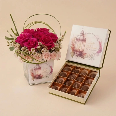 Eid Mubarak Pink Roses & Gourmet Chocolate Box Gift Set