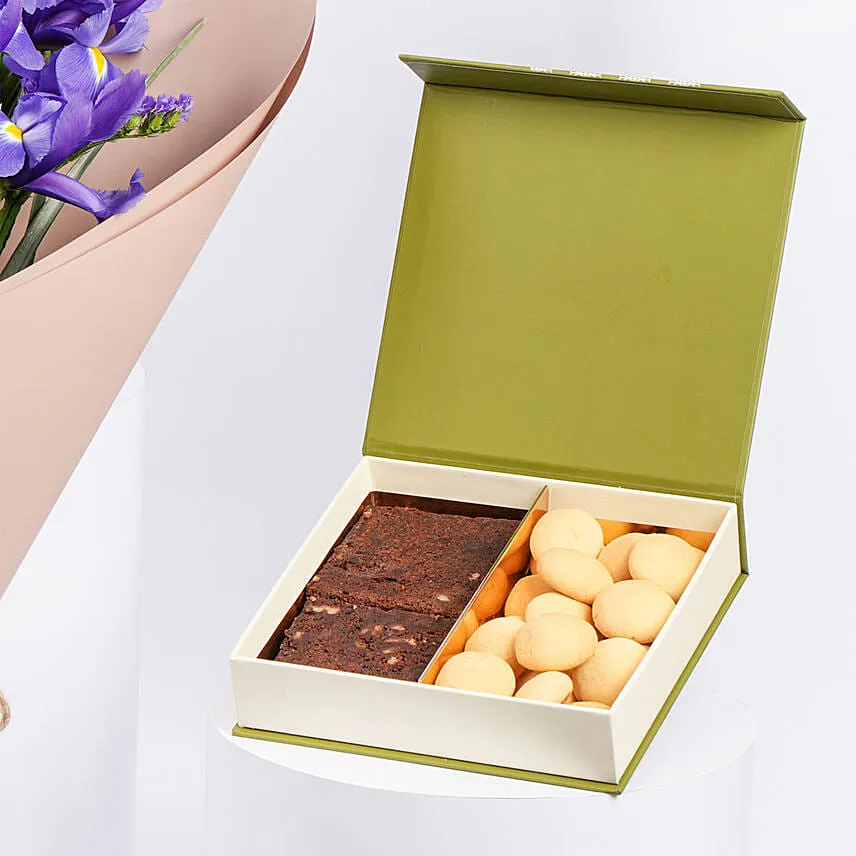 February Birthday Iris Bouquet and Treats Box Combo