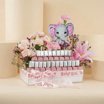 Luxury Floral N Chocolate Arrangement Baby Girl Congratulations