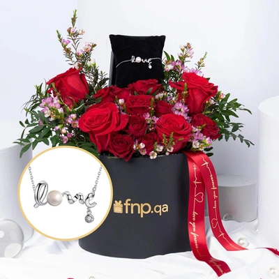 Timeless Valentine Red Roses with Elegant Noqoosh Necklace - A Gift of Love
