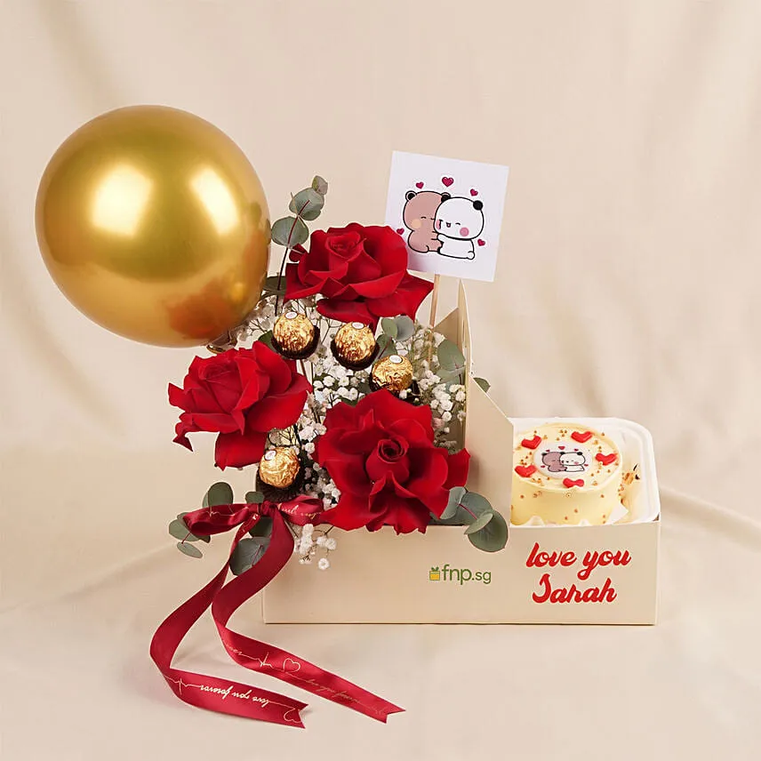 Personalised Gift Box Red Roses Love with Cake