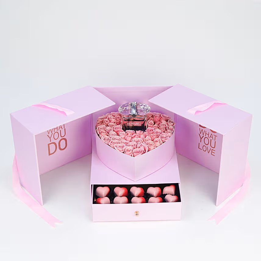 Roses With Perfume In Box With I Love Yoy Balloon