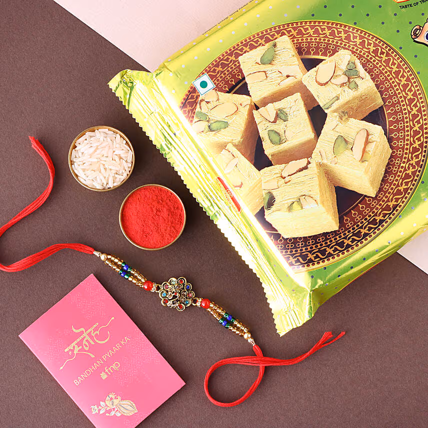 Sneh Designer Peacock Rakhi with Soan Papdi