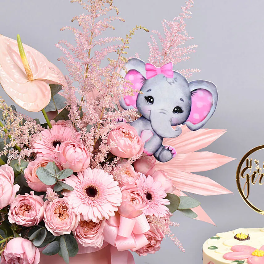 New Born Girl Flowers And Cake