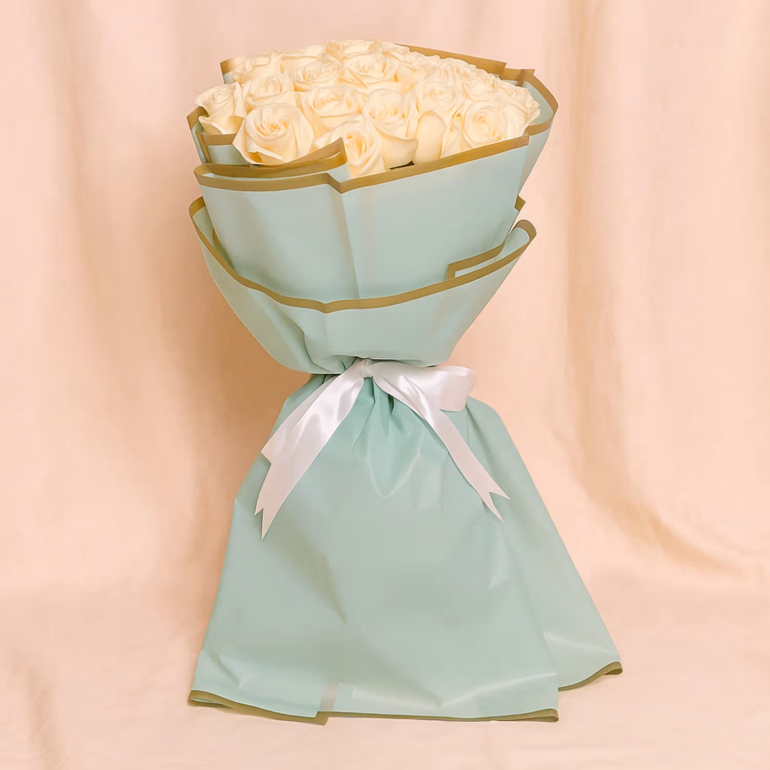 Elegant Bouquet of 30 White Roses with Pink Ribbon