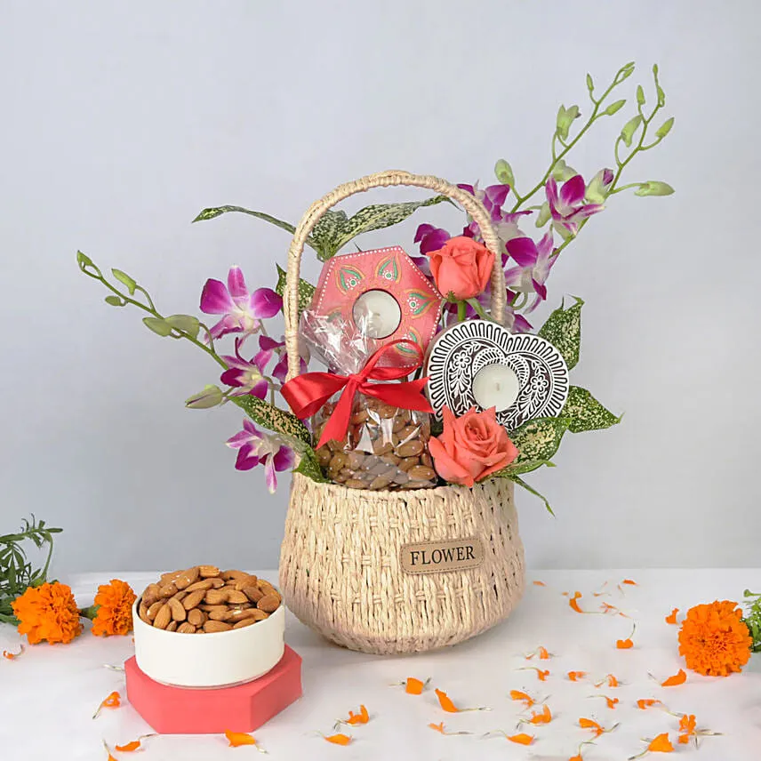 Flowers Nuts and Tea Lights Basket Deepavali