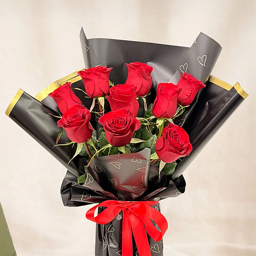 Chocolate Hearts Box and Red Roses Bouquet