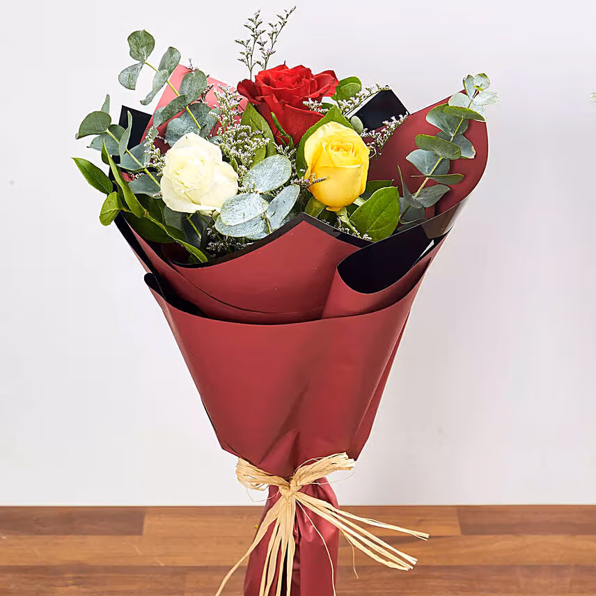 Colored Roses Bunch With Fruit Cake