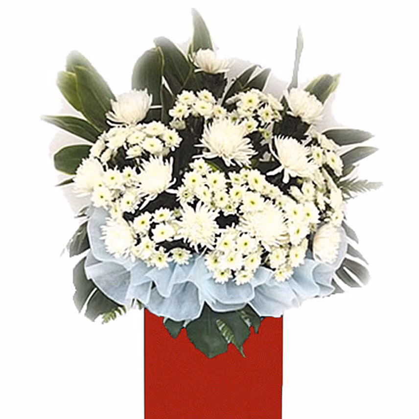 White Chrysanth White Pom Arrangement In Red Stand