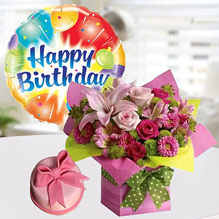 Exotic Pink Flower Vase & Mono Cake For Birthday