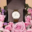 Titan White Dial Quartz Multifunction Watch with Leather Strap for Men, Accompanied by Elegant Purple Roses