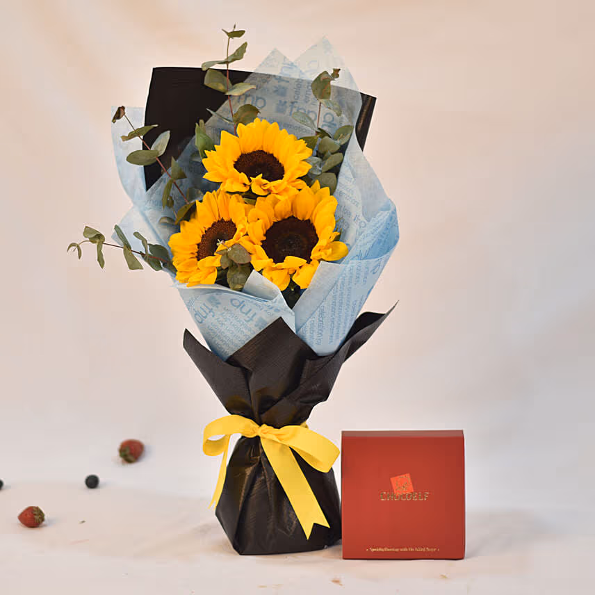Gleaming Sunflower Bouquet With Truffle Chocolate