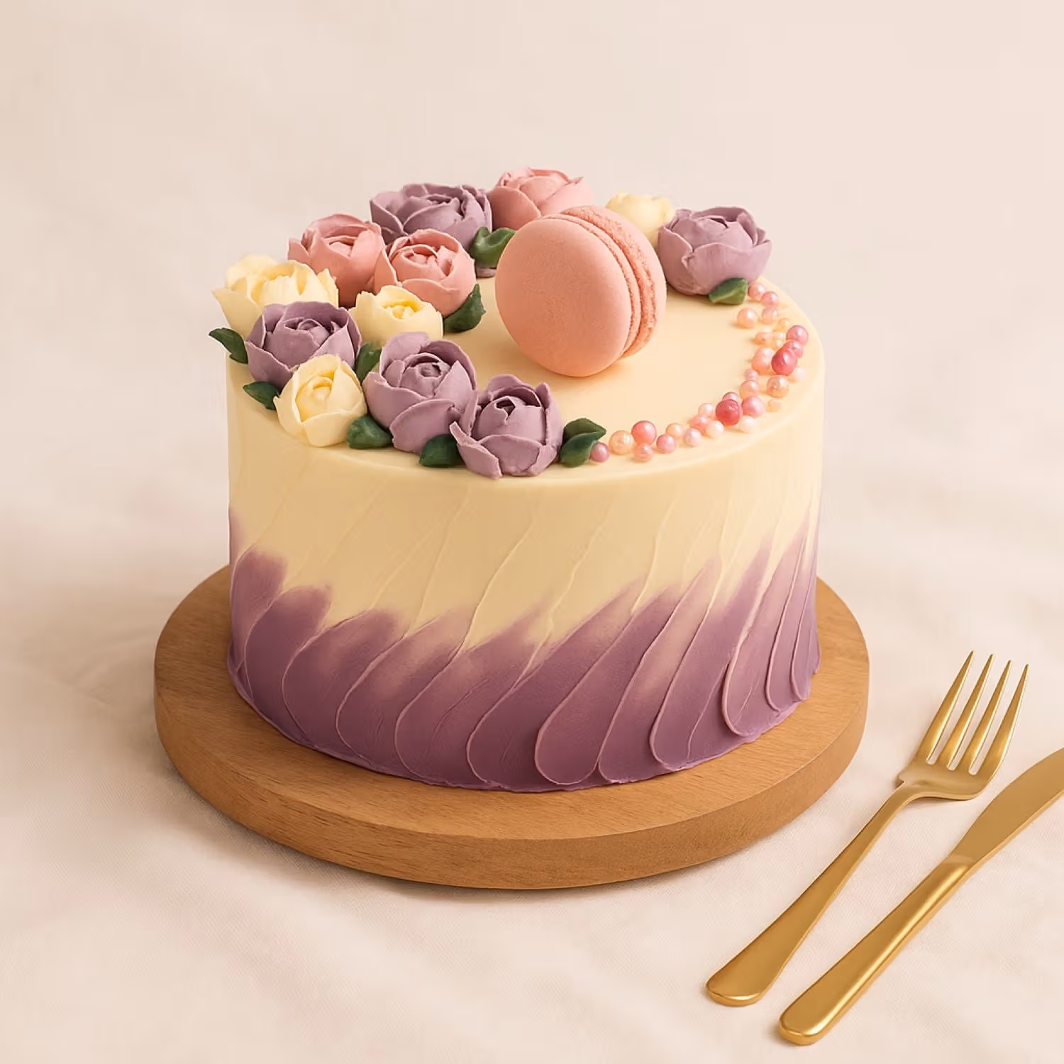 Flowers And Macaroons Chocolate Cake